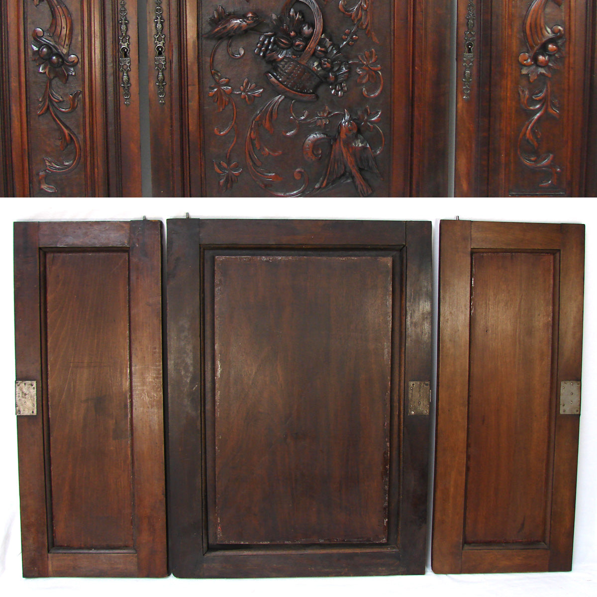 Fab Antique French Black Forest Style Carved Cabinet Door Panels, 3pc, Flower Basket, Bird Figures