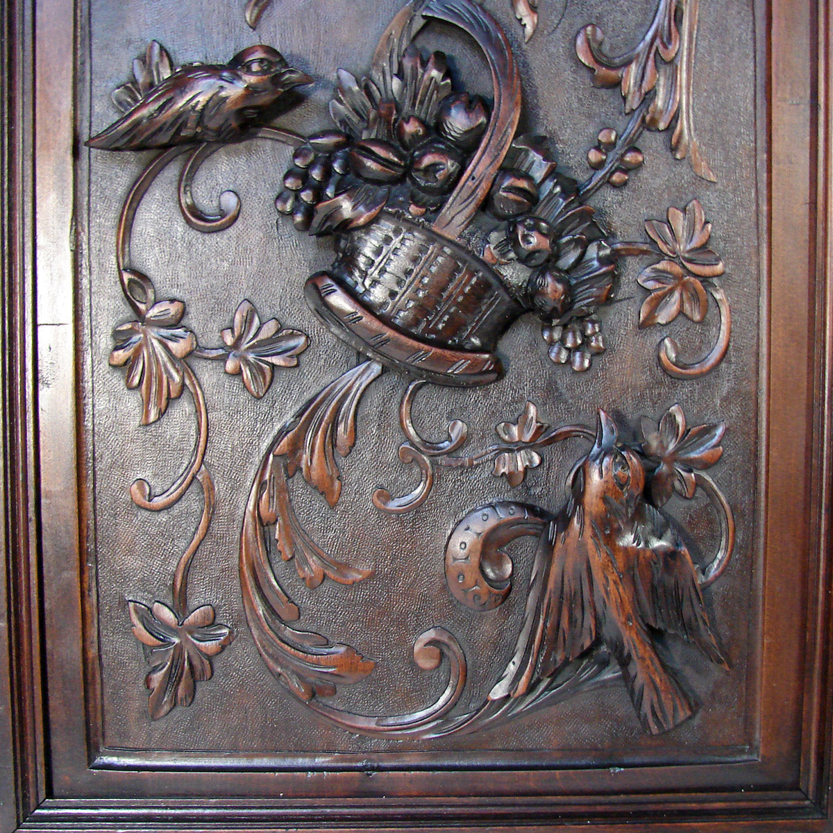 Fab Antique French Black Forest Style Carved Cabinet Door Panels, 3pc, Flower Basket, Bird Figures