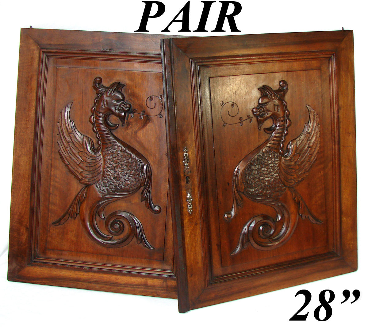 PAIR Antique Victorian 28x22" Carved Wood Architectural Furniture Door Panels, Winged Griffin Figures