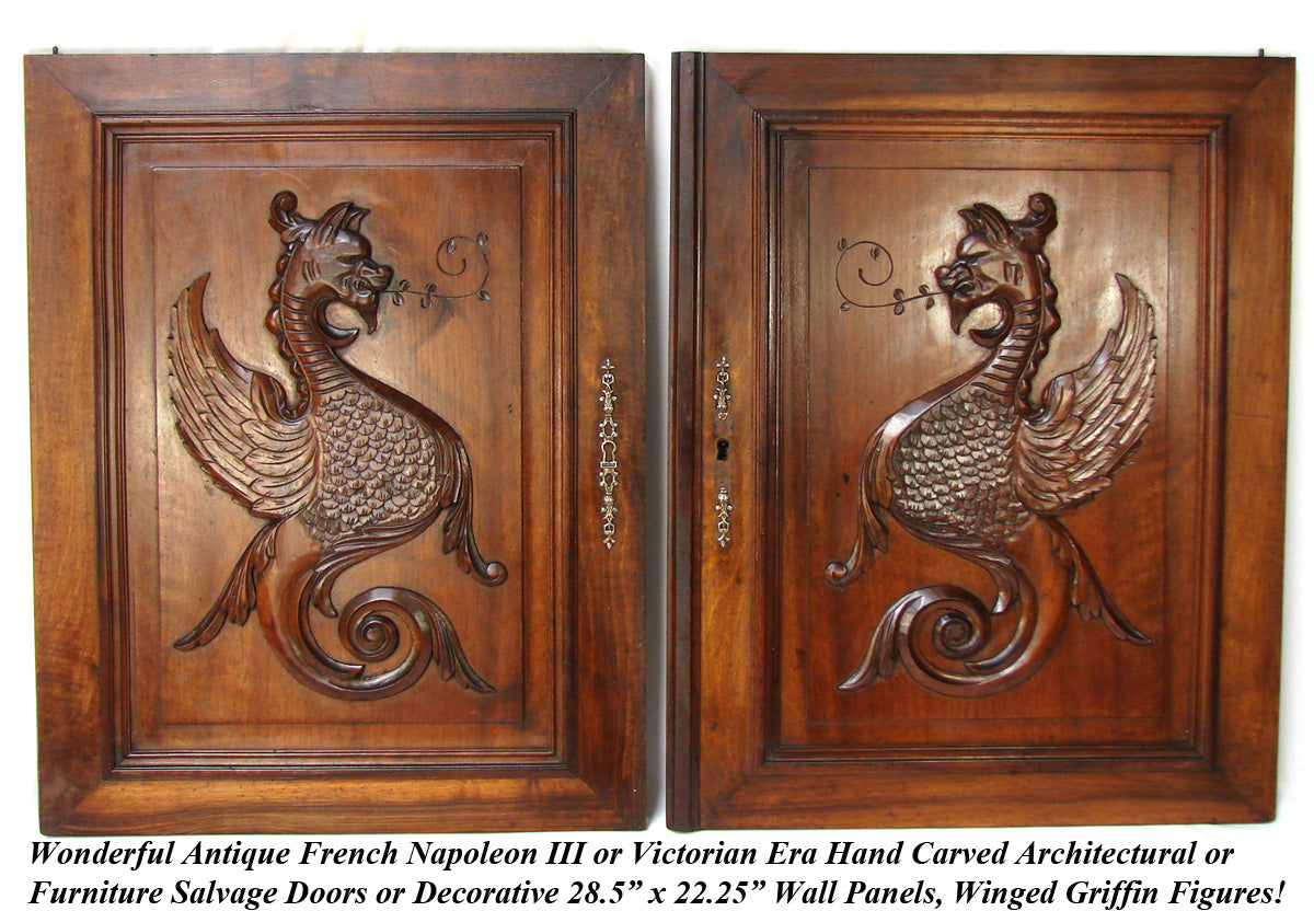 PAIR Antique Victorian 28x22" Carved Wood Architectural Furniture Door Panels, Winged Griffin Figures