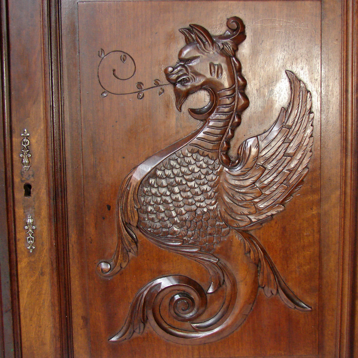 PAIR Antique Victorian 28x22" Carved Wood Architectural Furniture Door Panels, Winged Griffin Figures