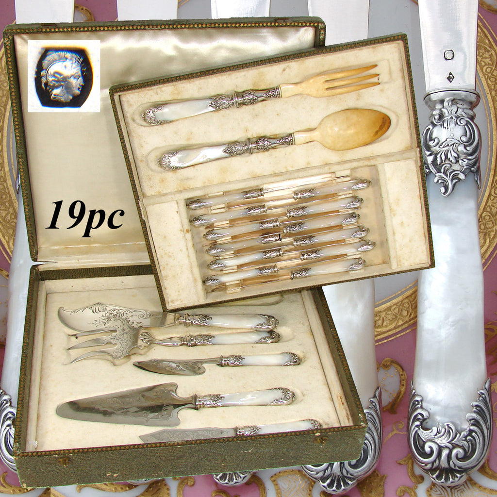 Antique French Sterling Silver & Mother of Pearl 12p 7 3/8" Dessert Knife & 7pc Serving Utensil Set