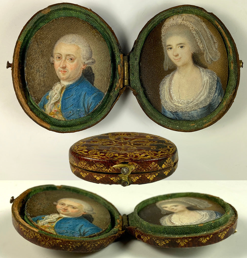 Antique French Portrait Miniature Pair, Couple, c. 1730-60s, Gold Embossed Leather Case, Etui