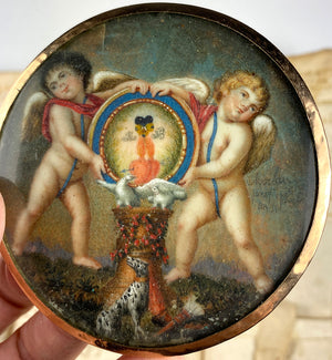 RARE c.1700s Miniature Portrait of a Marriage, Dog, Doves, 2 Cupids, Symbols of Eternal Love, 18k Gold Locket Frame