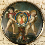 RARE c.1700s Miniature Portrait of a Marriage, Dog, Doves, 2 Cupids, Symbols of Eternal Love, 18k Gold Locket Frame