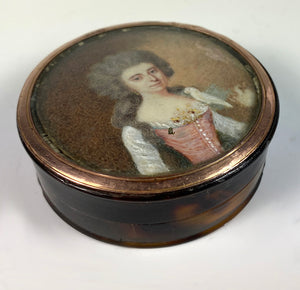 Antique French c.1750 Portrait Miniature, Woman with Parrot, Tortoise Shell Snuff Box, 18k Gold Frame