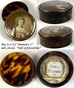 Antique French c.1750 Portrait Miniature, Woman with Parrot, Tortoise Shell Snuff Box, 18k Gold Frame