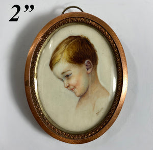 Tiny Antique French Portrait Miniature of a Cute Shy Child, Boy, c.1880-1910, "R. Nicolle"