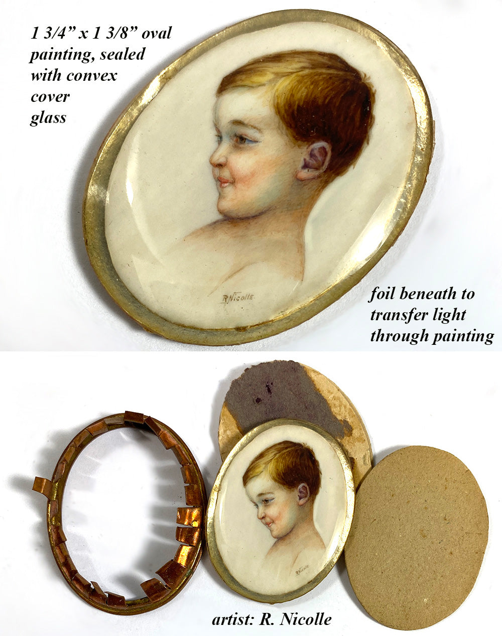 Tiny Antique French Portrait Miniature of a Cute Shy Child, Boy, c.1880-1910, "R. Nicolle"