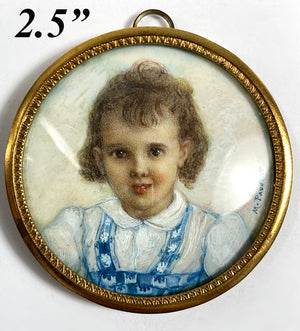 Antique French 2.5" Diam Portrait Miniature of a Child, Beautiful Little Girl