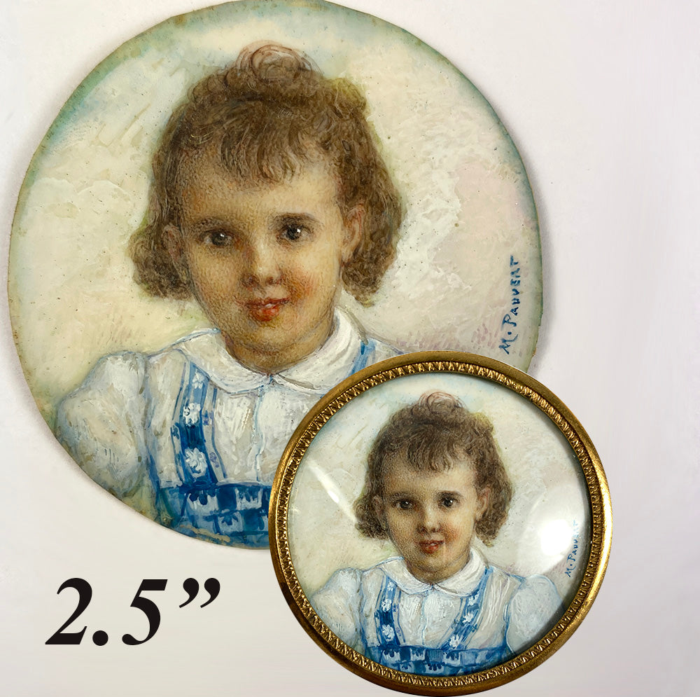 Antique French 2.5" Diam Portrait Miniature of a Child, Beautiful Little Girl