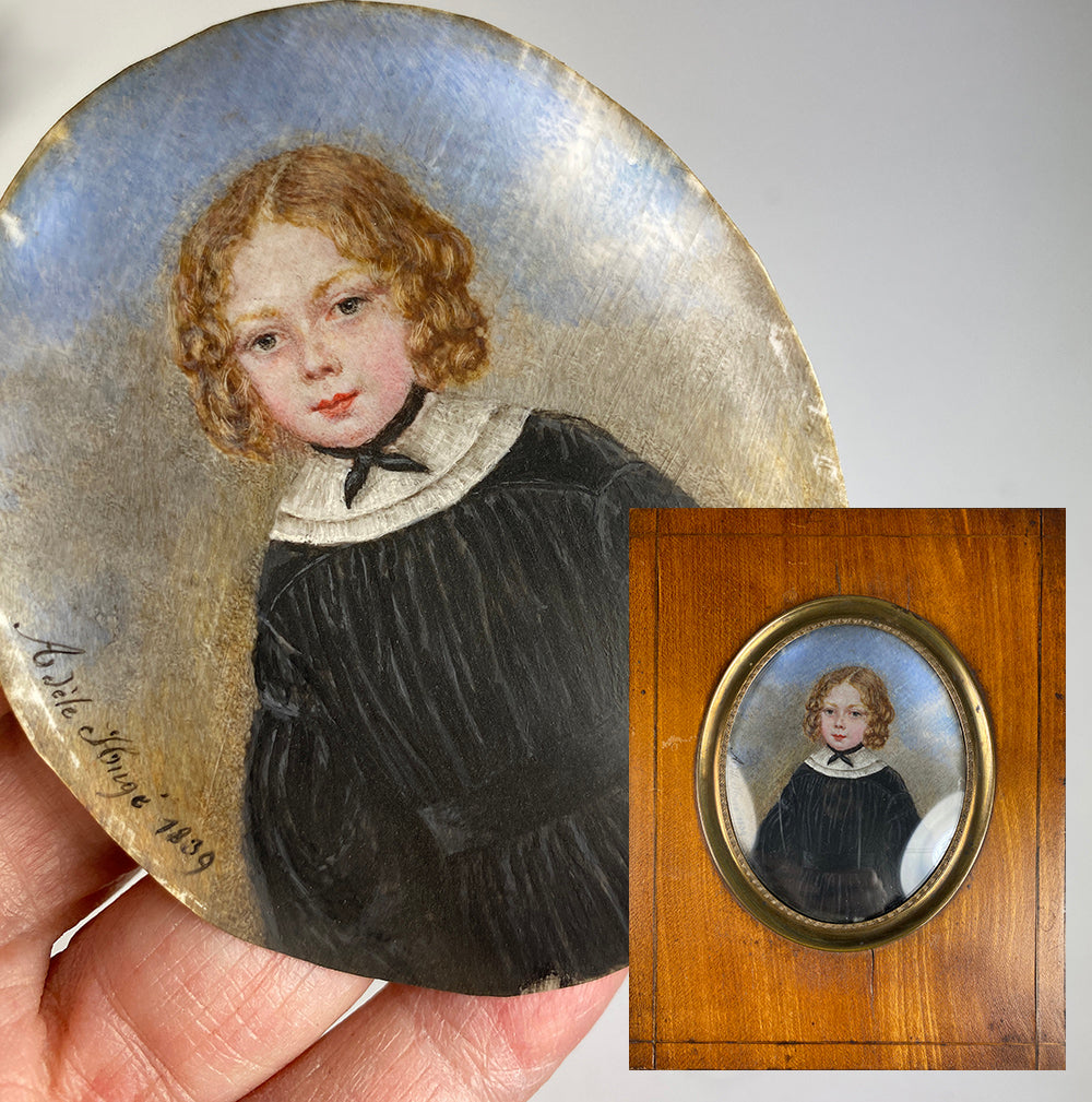 Antique French Portrait Miniature of a Child, a Red Headed Pretty Girl, Artist Signed, Dated 1839