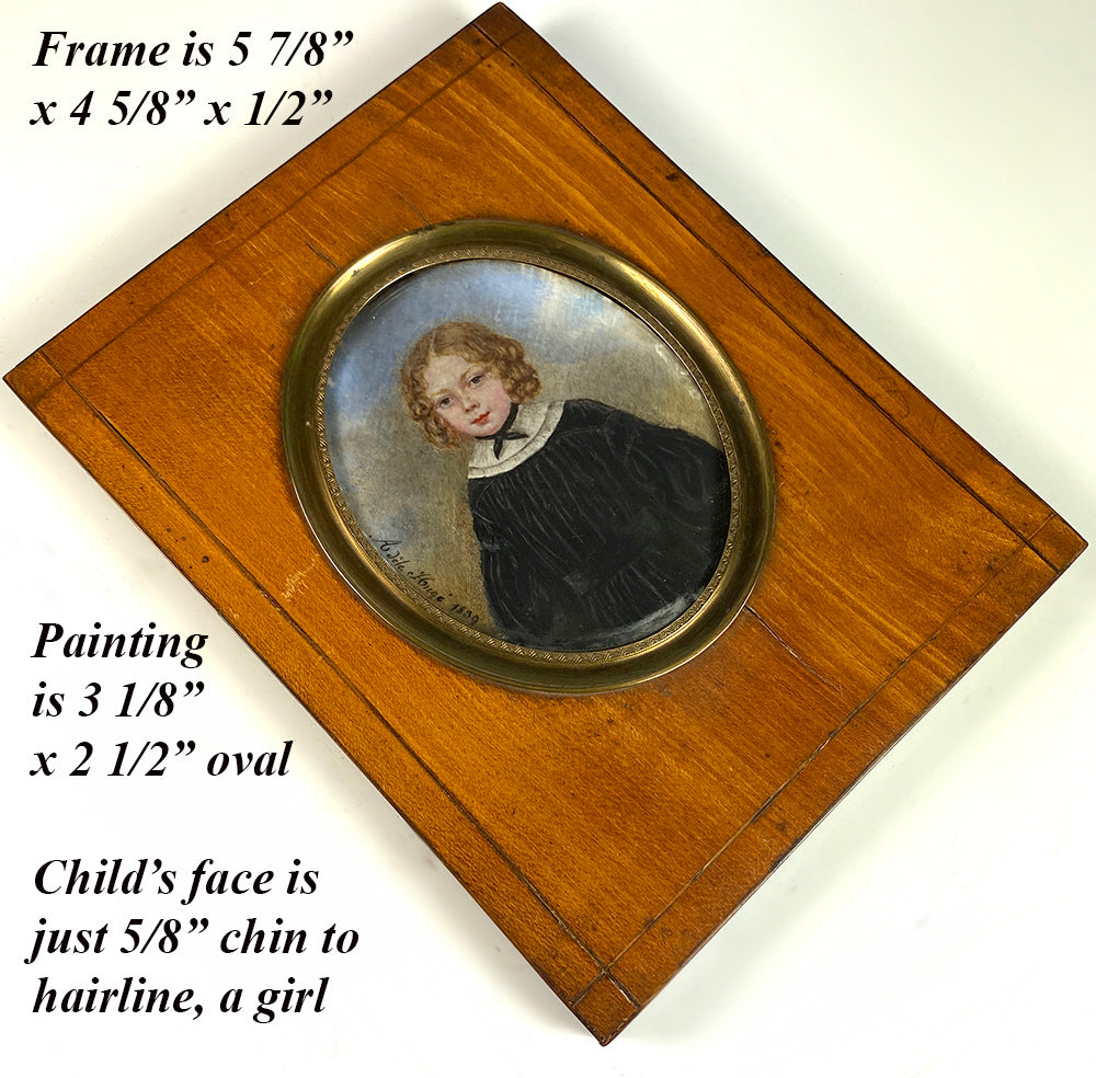 Antique French Portrait Miniature of a Child, a Red Headed Pretty Girl, Artist Signed, Dated 1839