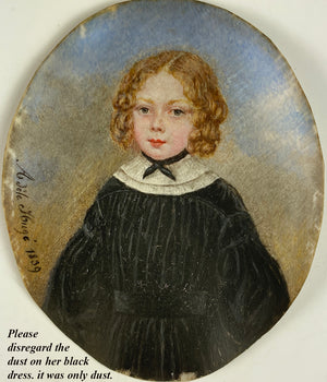 Antique French Portrait Miniature of a Child, a Red Headed Pretty Girl, Artist Signed, Dated 1839