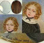 Antique French Portrait Miniature of a Child, a Red Headed Pretty Girl, Artist Signed, Dated 1839