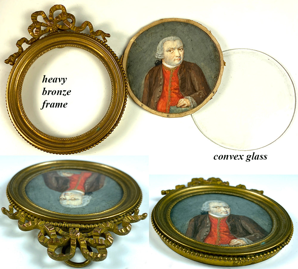 Antique French c.1700s Portrait Miniature, Gentleman in Heavy Bronze Bow Top Frame