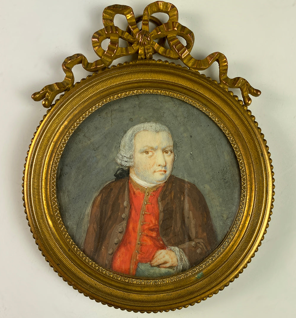 Antique French c.1700s Portrait Miniature, Gentleman in Heavy Bronze Bow Top Frame