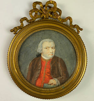 Antique French c.1700s Portrait Miniature, Gentleman in Heavy Bronze Bow Top Frame