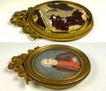 Antique French c.1700s Portrait Miniature, Gentleman in Heavy Bronze Bow Top Frame