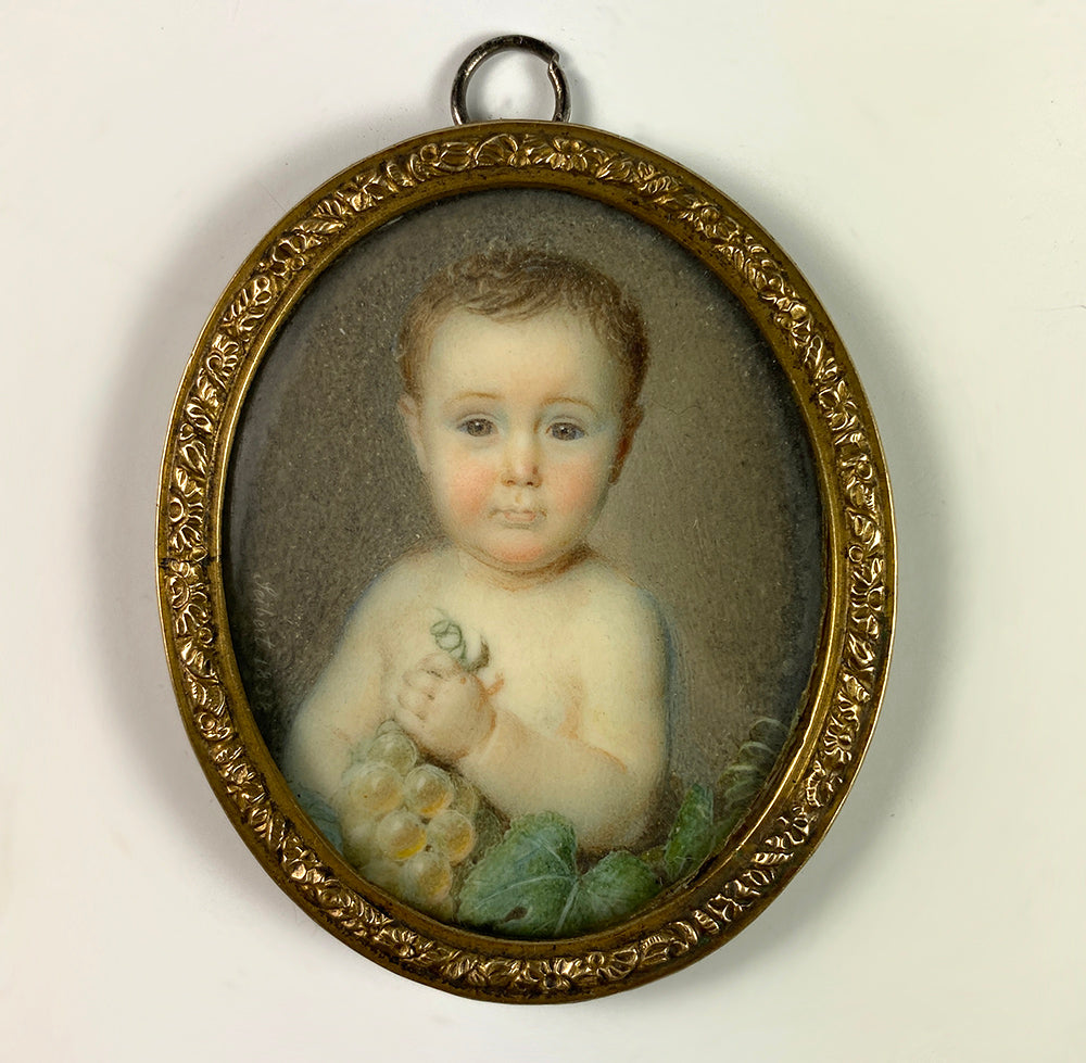 Antique French Portrait Miniature of a Baby, Child, Artist Signed, Dated 1858, in Frame