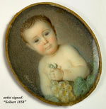 Antique French Portrait Miniature of a Baby, Child, Artist Signed, Dated 1858, in Frame