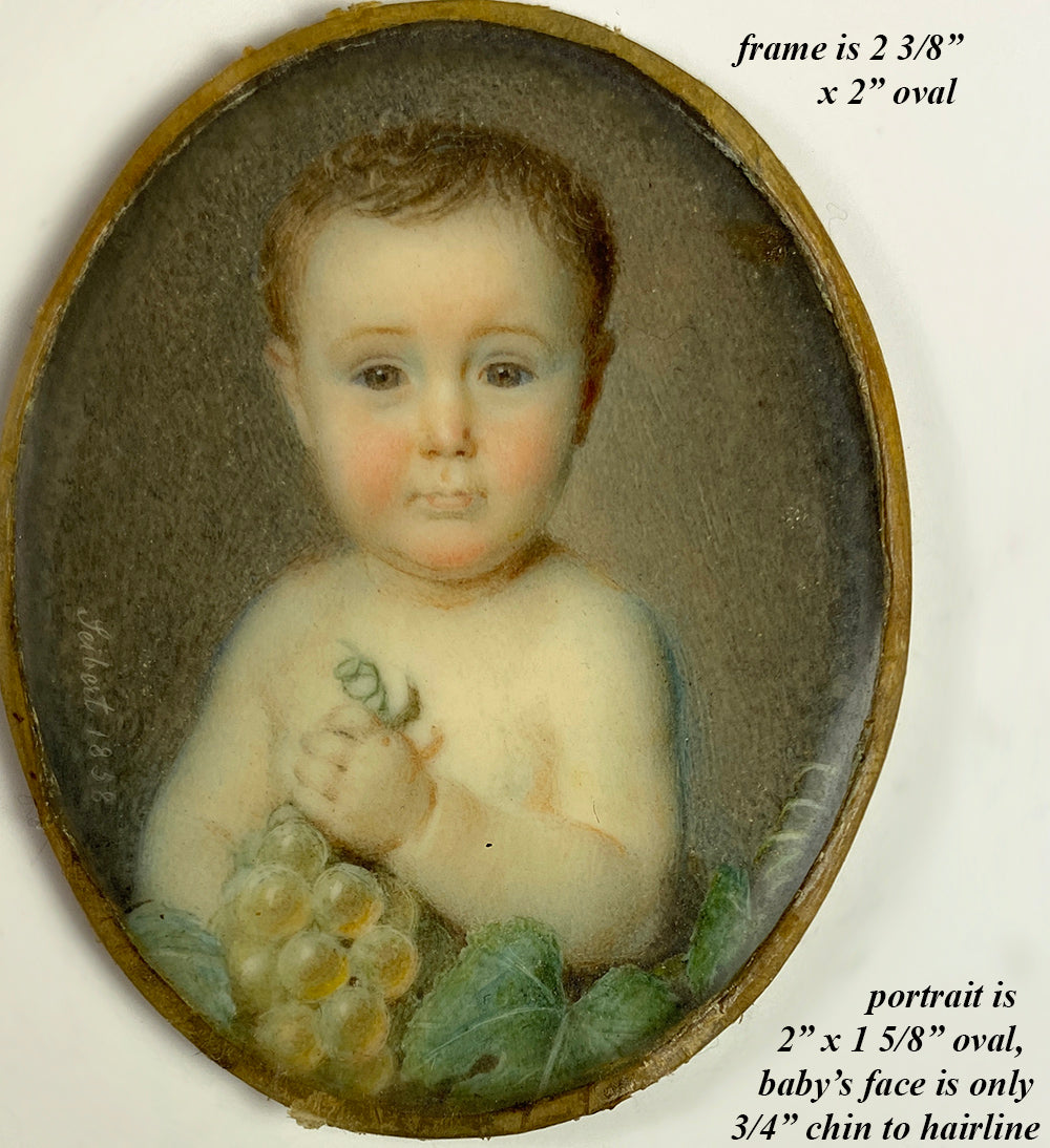 Antique French Portrait Miniature of a Baby, Child, Artist Signed, Dated 1858, in Frame