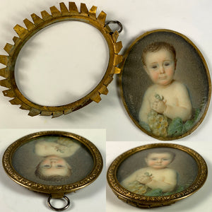 Antique French Portrait Miniature of a Baby, Child, Artist Signed, Dated 1858, in Frame