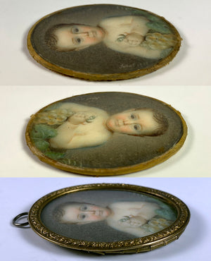 Antique French Portrait Miniature of a Baby, Child, Artist Signed, Dated 1858, in Frame