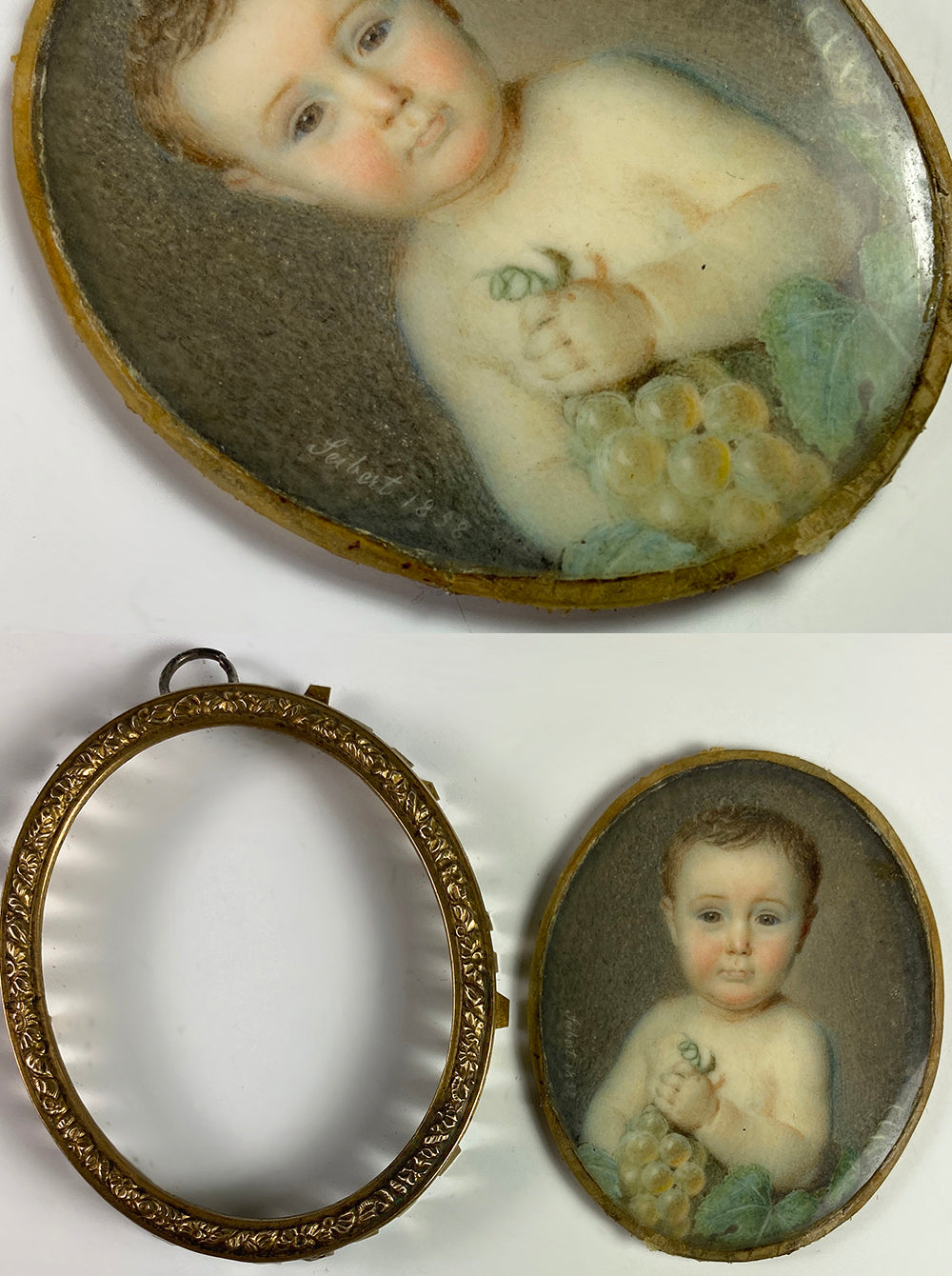 Antique French Portrait Miniature of a Baby, Child, Artist Signed, Dated 1858, in Frame