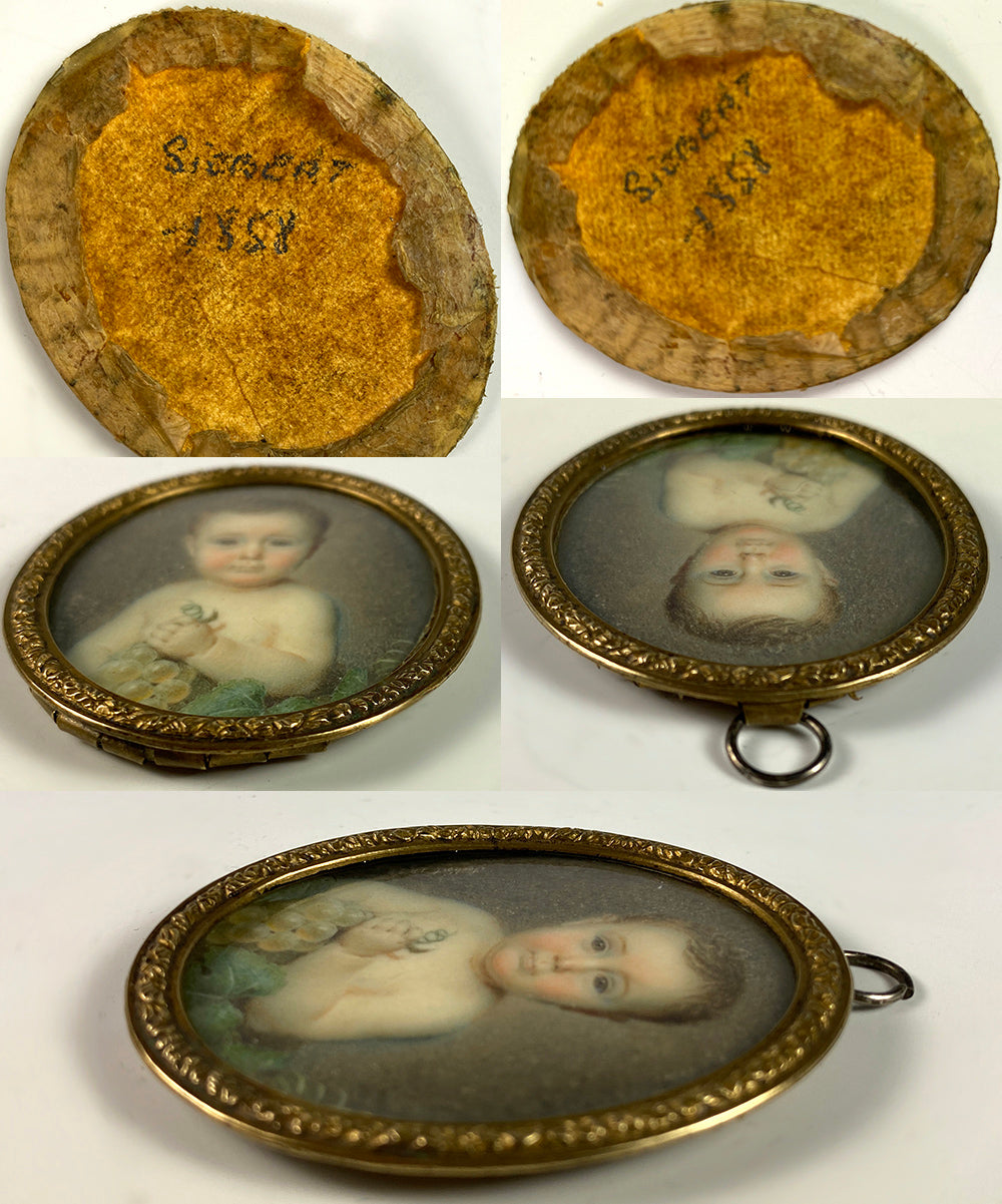 Antique French Portrait Miniature of a Baby, Child, Artist Signed, Dated 1858, in Frame