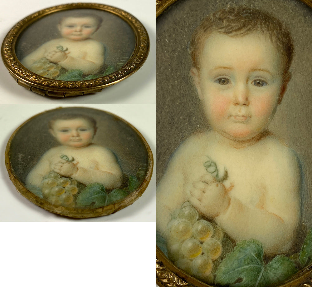 Antique French Portrait Miniature of a Baby, Child, Artist Signed, Dated 1858, in Frame