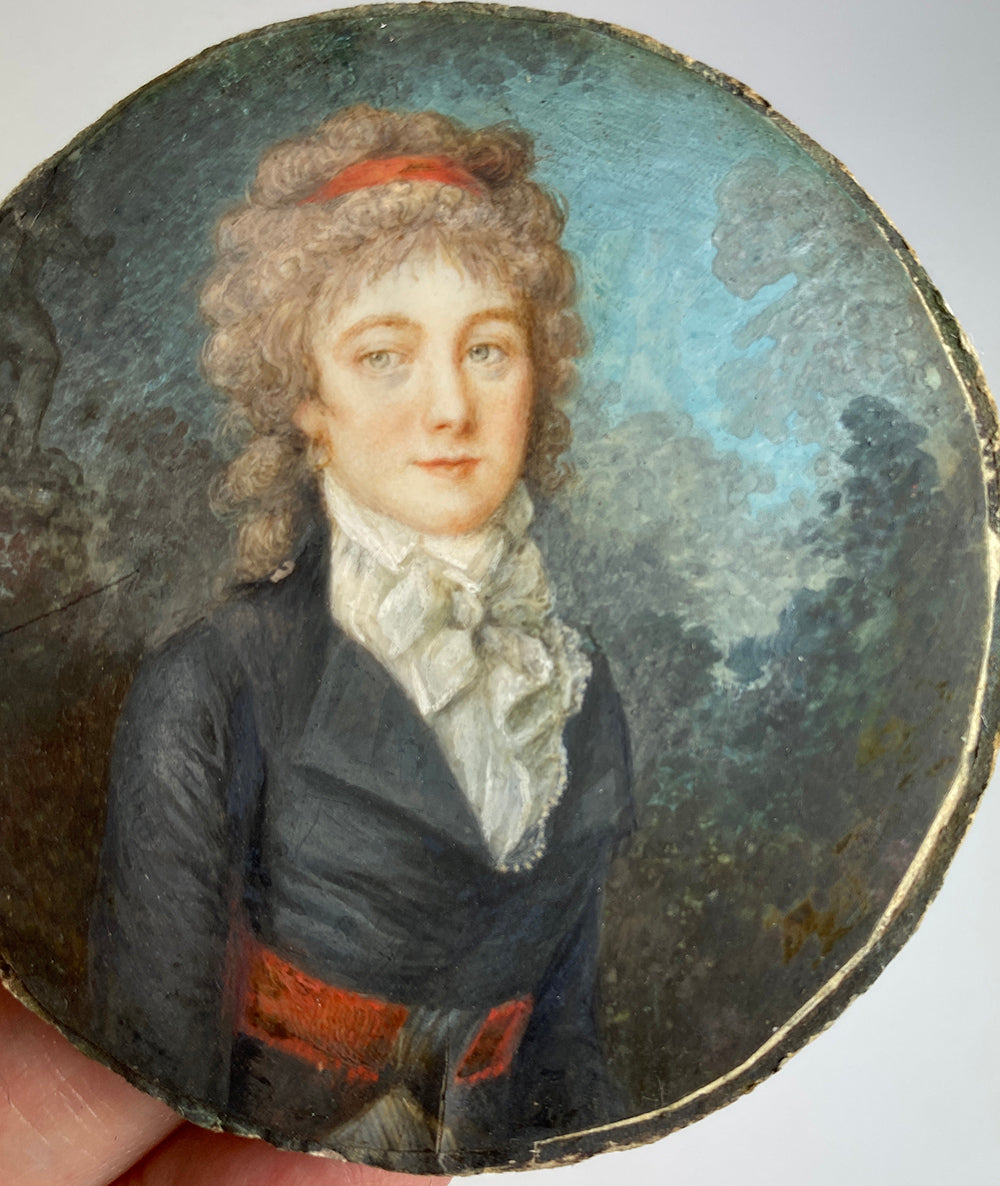 Superb Antique French Portrait Miniature, c.1770s, Exceptional Painting of a Woman, Landscape, in Frame