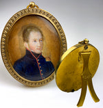 Antique French Soldier Portrait Miniature, Epaulette, Uniform, Nap III Bronze Dore Easel Frame