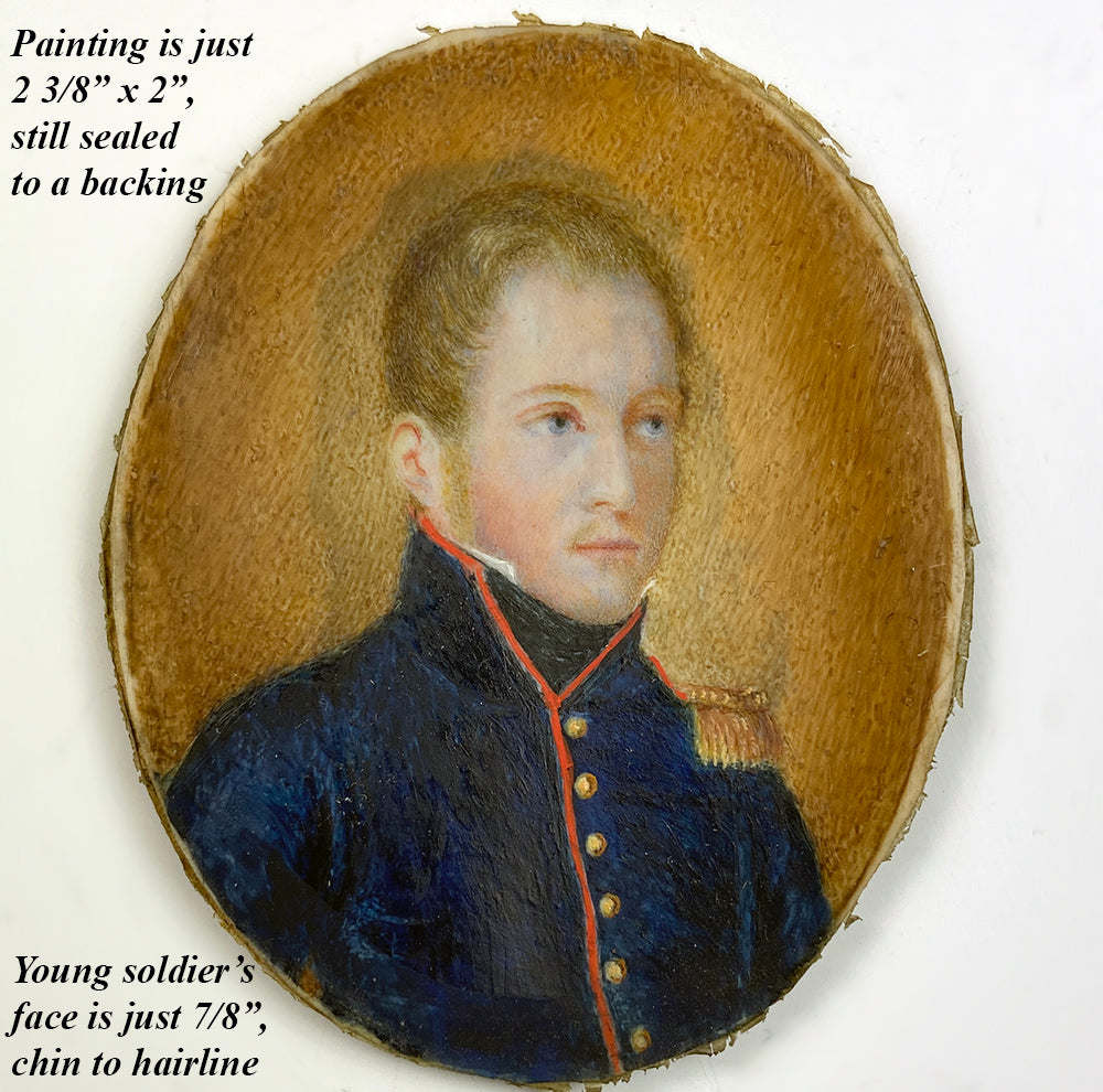 Antique French Soldier Portrait Miniature, Epaulette, Uniform, Nap III Bronze Dore Easel Frame