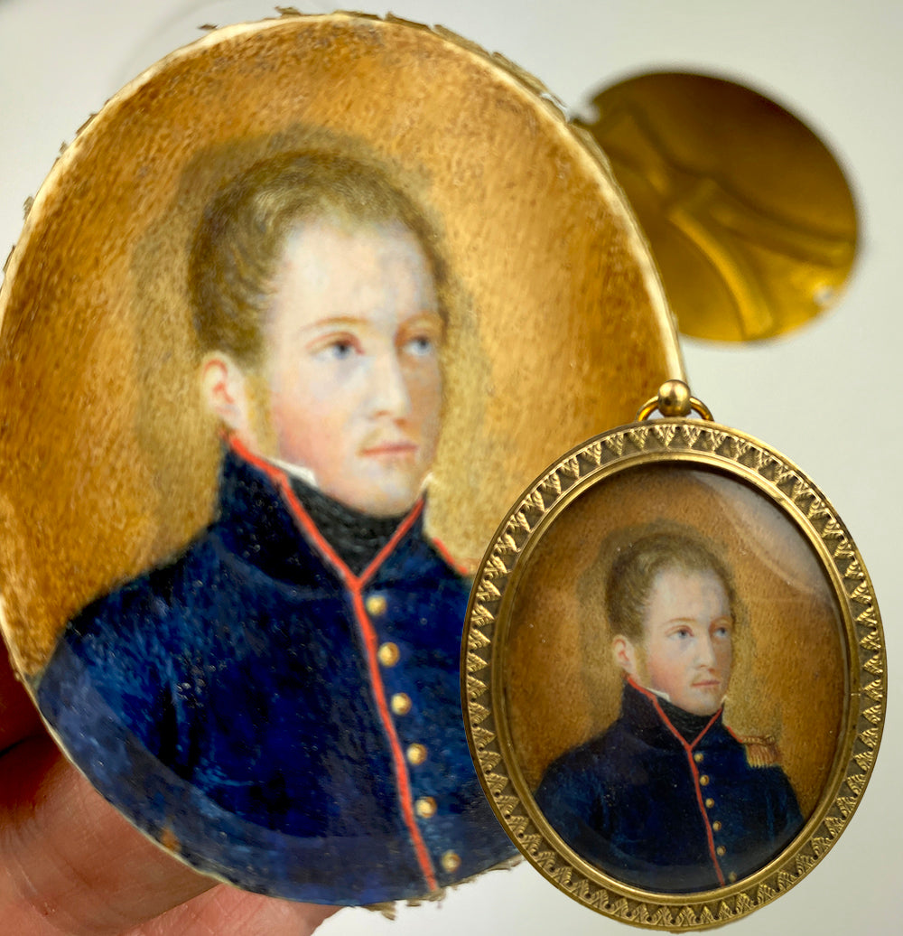 Antique French Soldier Portrait Miniature, Epaulette, Uniform, Nap III Bronze Dore Easel Frame