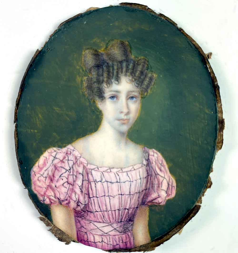 Antique French c.1830s Portrait Miniature of a Young Woman, Teenager, Louis Philippe Era