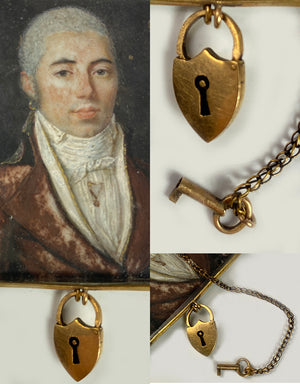 Antique c.1770 French Portrait Miniature, Rare 18k Gold Frame w Heart Lock and Key