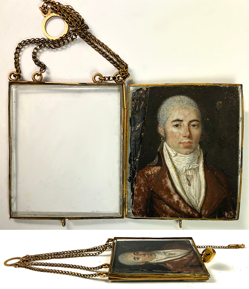 Antique c.1770 French Portrait Miniature, Rare 18k Gold Frame w Heart Lock and Key