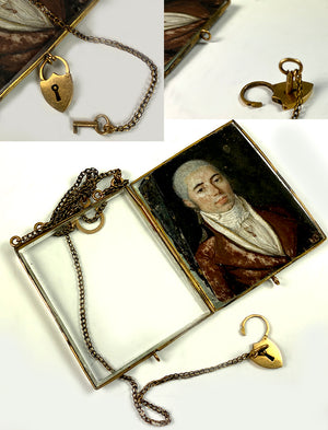 Antique c.1770 French Portrait Miniature, Rare 18k Gold Frame w Heart Lock and Key