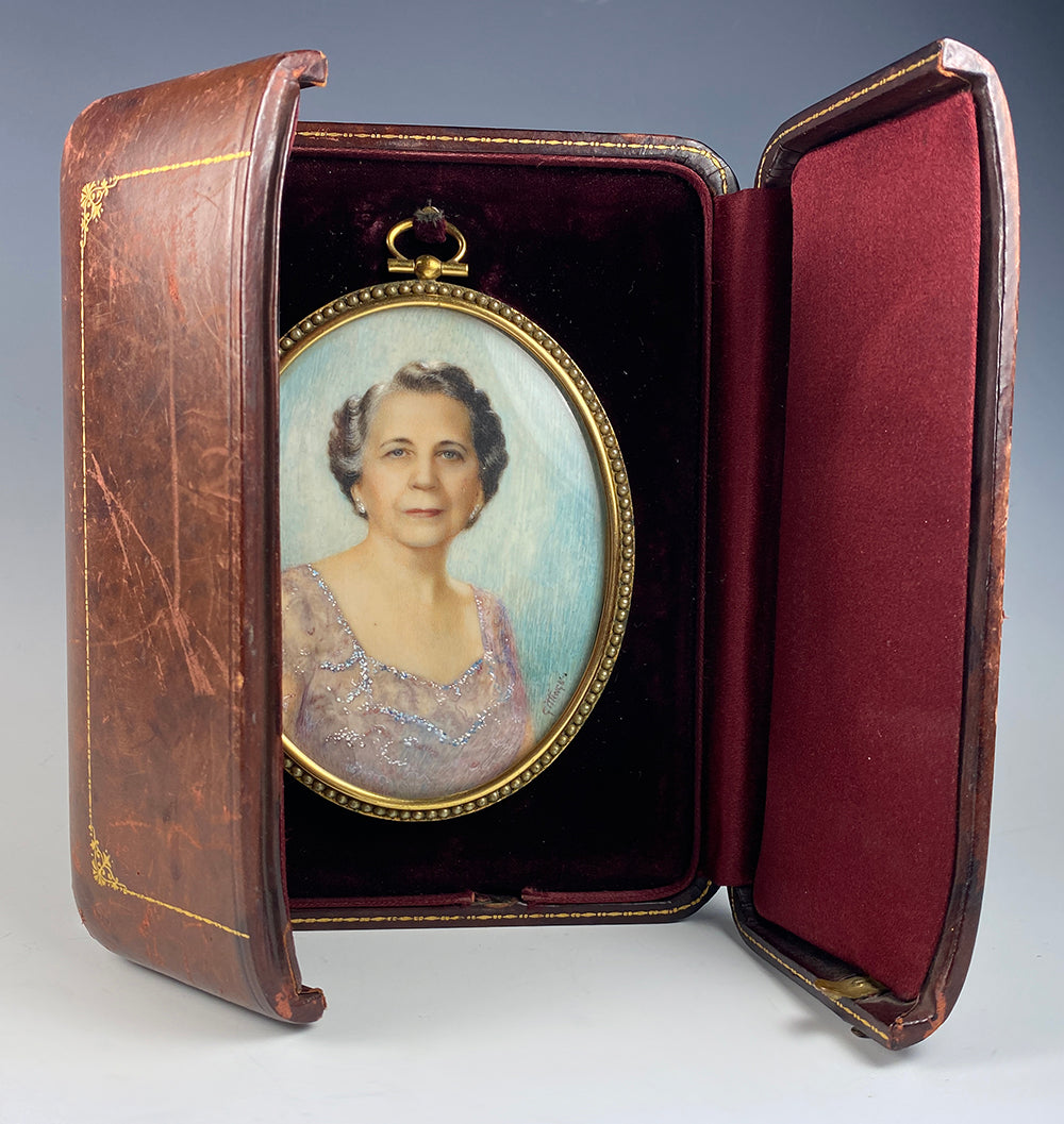 Antique Signed Large Portrait Miniature, Elegant Woman in Pearl Mounted Frame, Leather Case, Etui