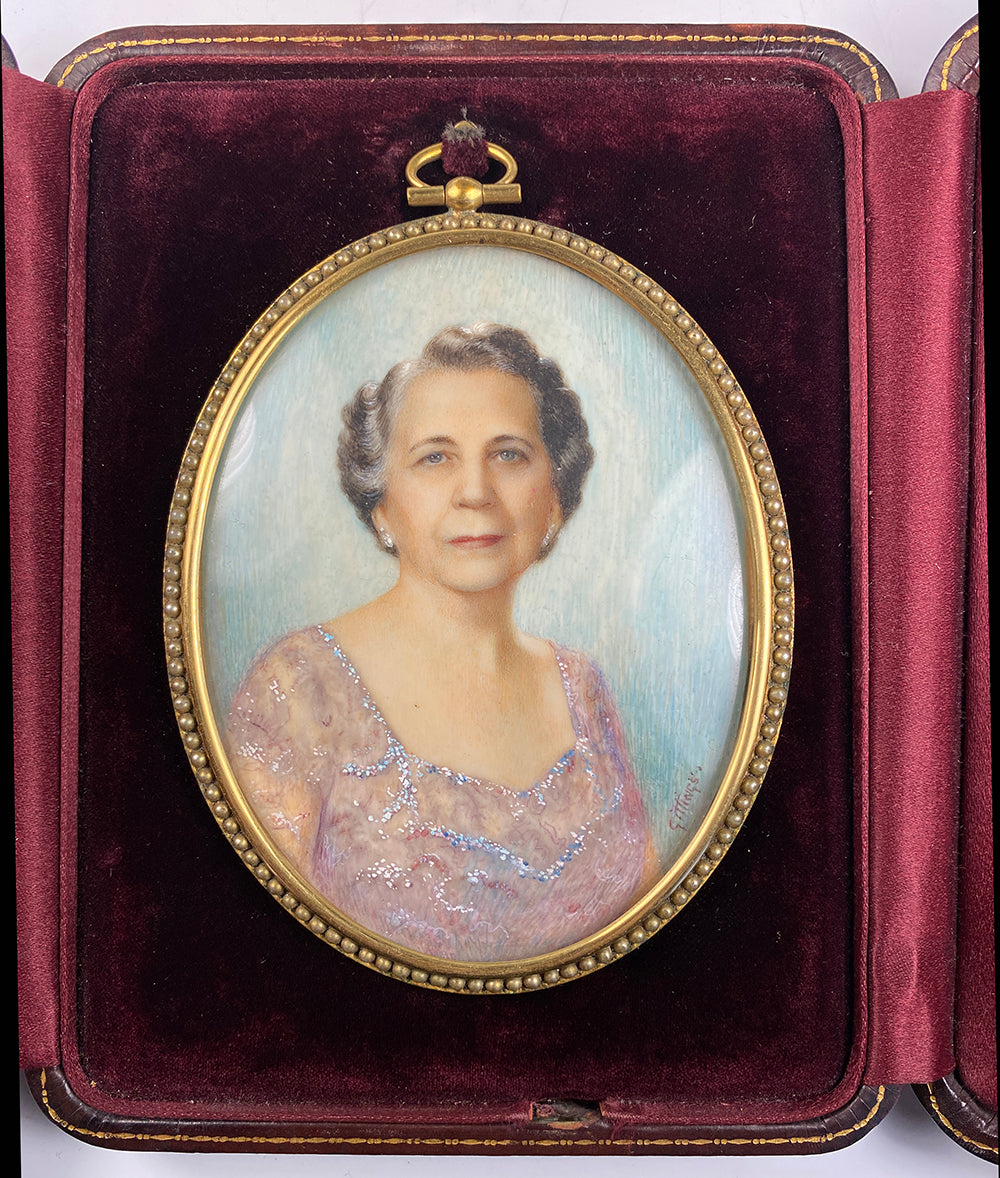 Antique Signed Large Portrait Miniature, Elegant Woman in Pearl Mounted Frame, Leather Case, Etui