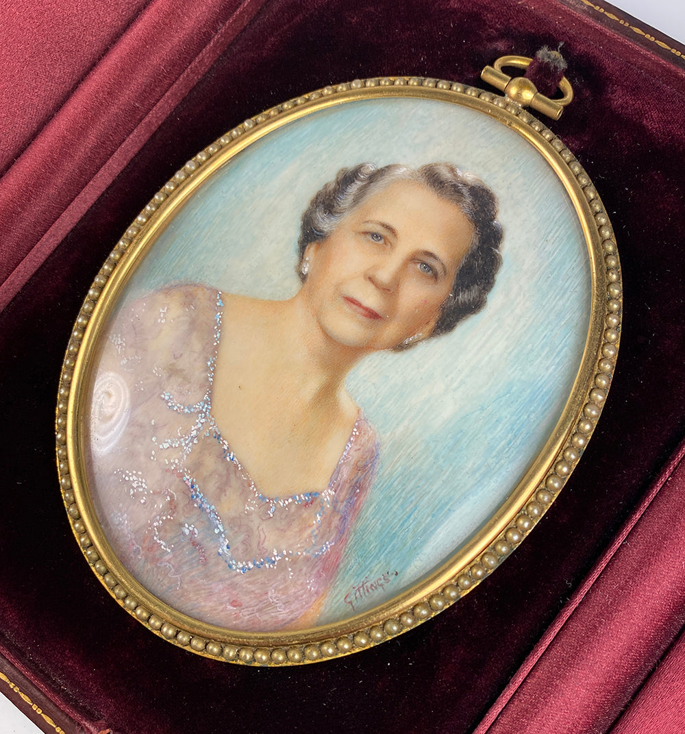 Antique Signed Large Portrait Miniature, Elegant Woman in Pearl Mounted Frame, Leather Case, Etui