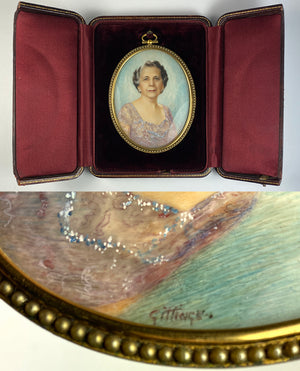 Antique Signed Large Portrait Miniature, Elegant Woman in Pearl Mounted Frame, Leather Case, Etui