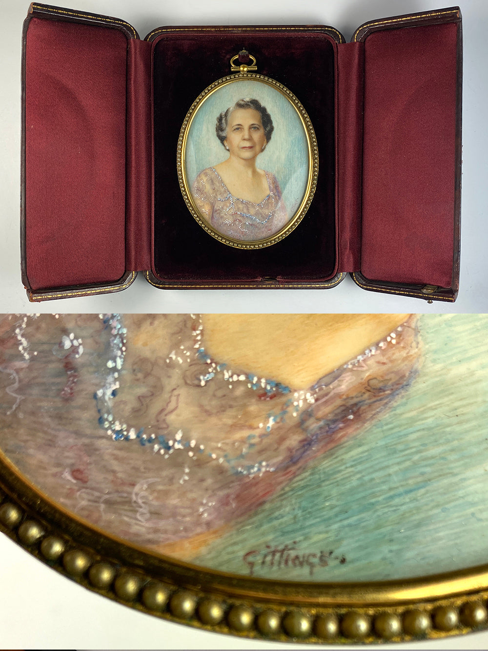 Antique Signed Large Portrait Miniature, Elegant Woman in Pearl Mounted Frame, Leather Case, Etui