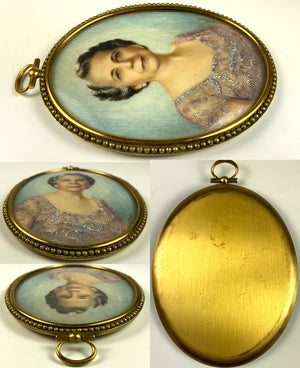 Antique Signed Large Portrait Miniature, Elegant Woman in Pearl Mounted Frame, Leather Case, Etui