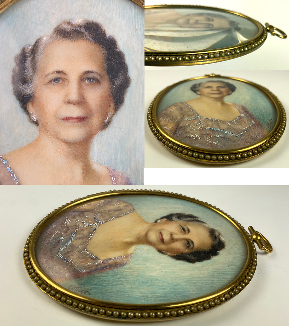 Antique Signed Large Portrait Miniature, Elegant Woman in Pearl Mounted Frame, Leather Case, Etui