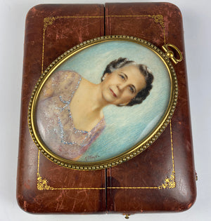 Antique Signed Large Portrait Miniature, Elegant Woman in Pearl Mounted Frame, Leather Case, Etui