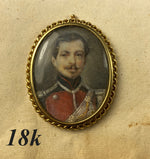 Antique French Portrait Miniature of a Soldier in Uniform, 18k Gold Brooch Mount