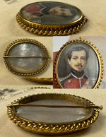 Antique French Portrait Miniature of a Soldier in Uniform, 18k Gold Brooch Mount