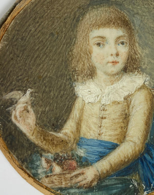 Antique Portrait Miniature of a Child, Boy with Pet Canary and Fruit, c.1780-1830